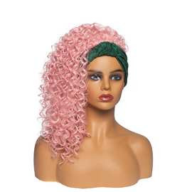 头巾假发 欧美时尚绿色头巾爆炸小卷长卷发 发带头巾粉色显白头套