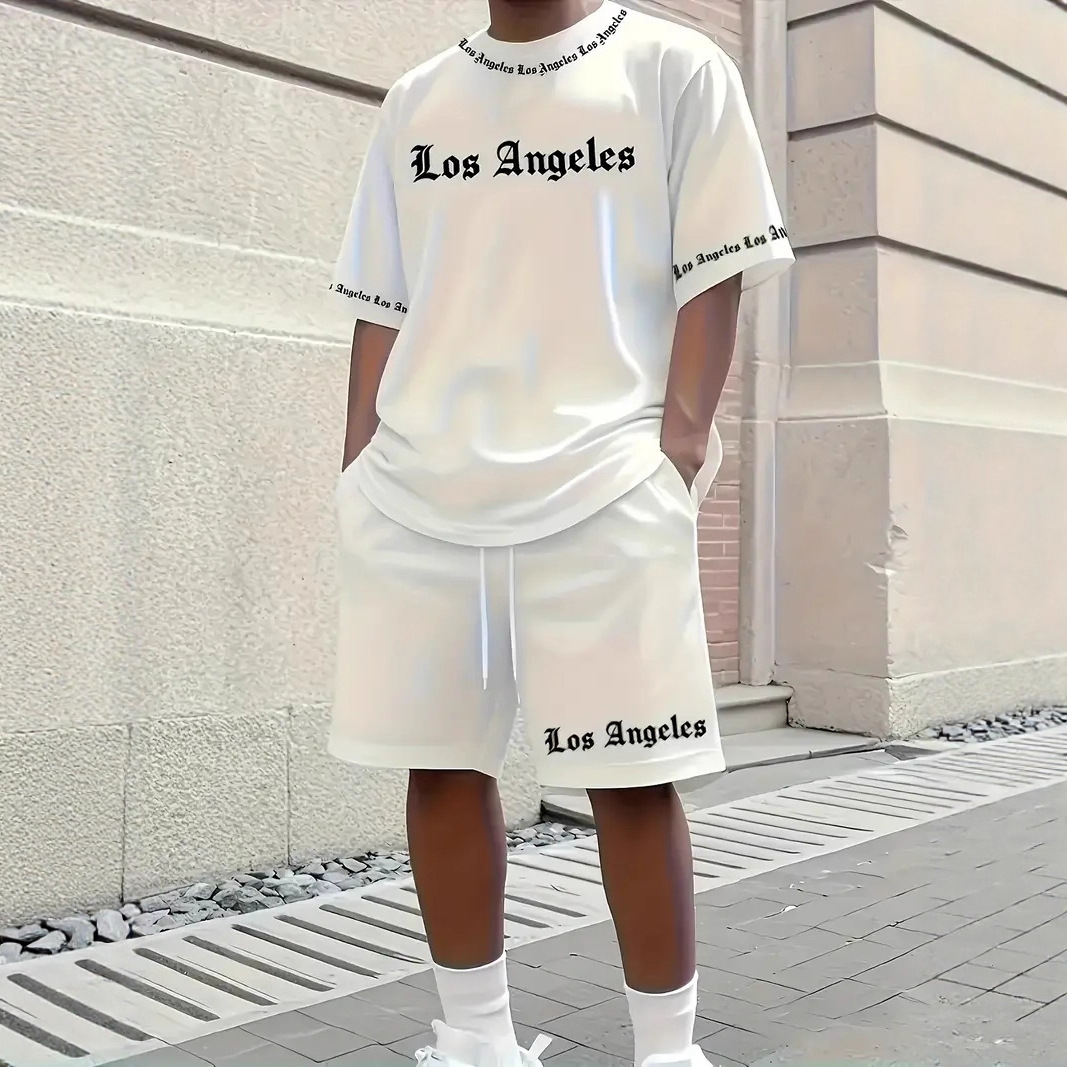 Men's Casual Style T-Shirt Short Sleeve Round Neck Street Style Printed Letter Breathable Summer Soft Set Los Angeles Theme_viptrois.com
