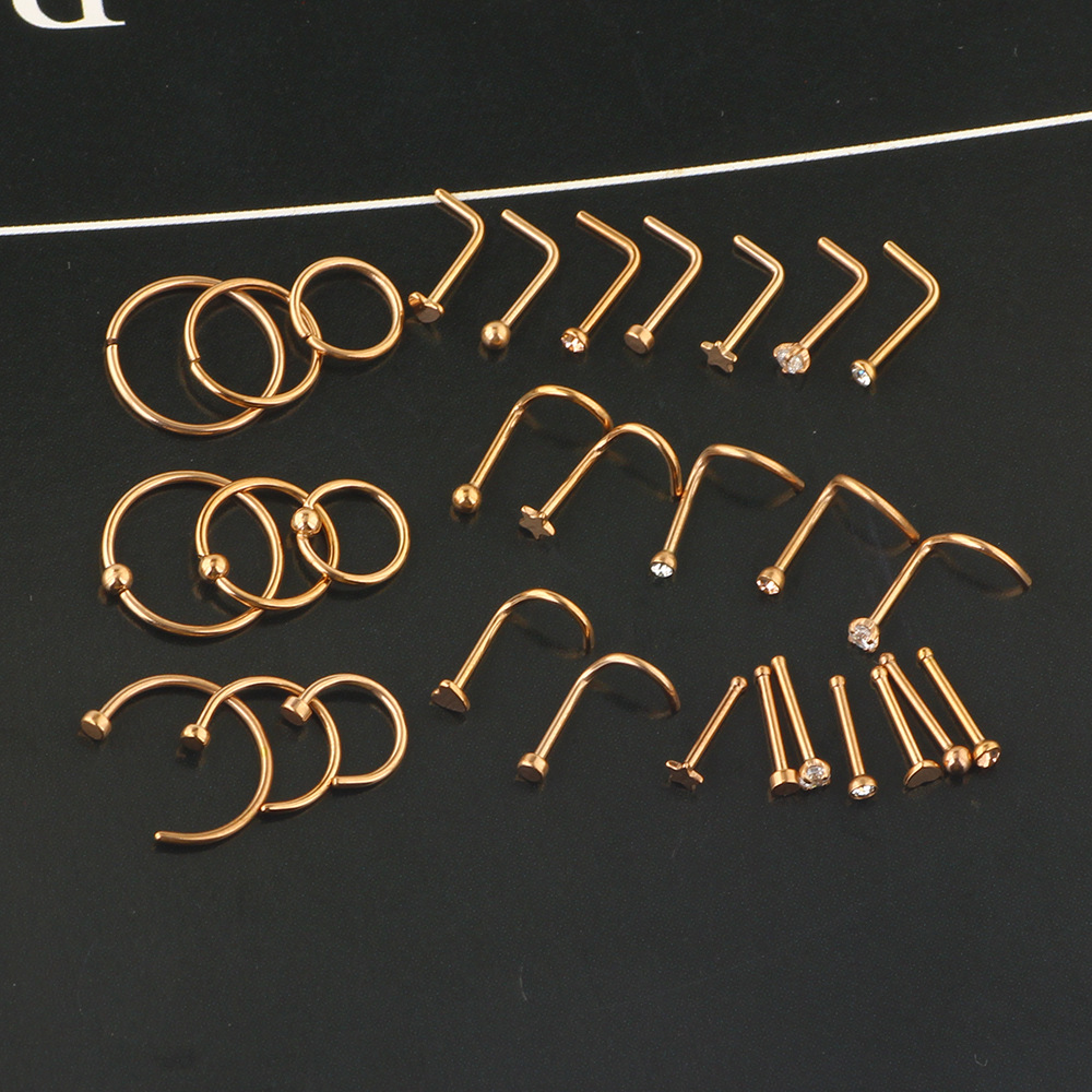 Rose Gold Nose Nail Ring Set 20G Stainless Steel CZ Piercing Jewelry - 30 Pcs detail image 10