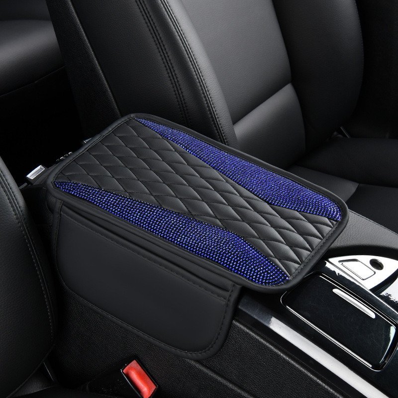 Factory Direct Sales Shiny Diamond Car Armrest Box Pad Rhinestone with Side Pocket Car Central Leather Elbow Protector