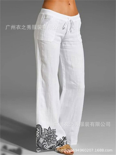  Amazon Wish Cross-border Independent Station Bestselling Retro Cotton Linen Belted Wide-leg Women's Pants