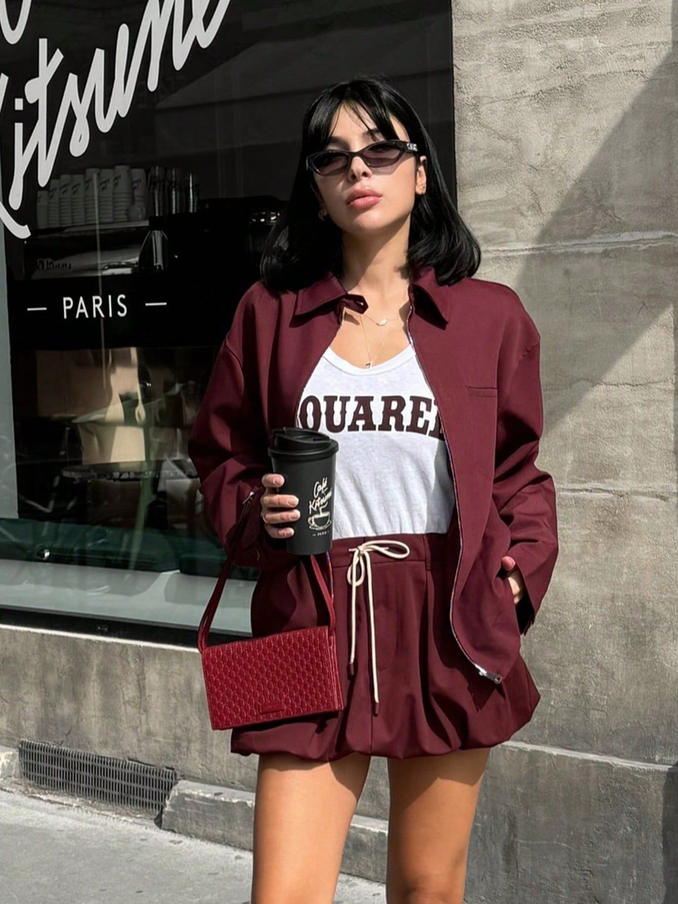 236g Weight Jacket Outerwear Type Long Sleeve Sleeve Length Zipper Placket Type Holiday Daily Wine Red Women's Streetwear Solid Color Polyester Skirt Co-ord Set Skirt Sets