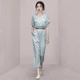 夏季女装2023新款淡蓝色工装风棉麻连体裤连衣裤阔腿裤九分裤裤子