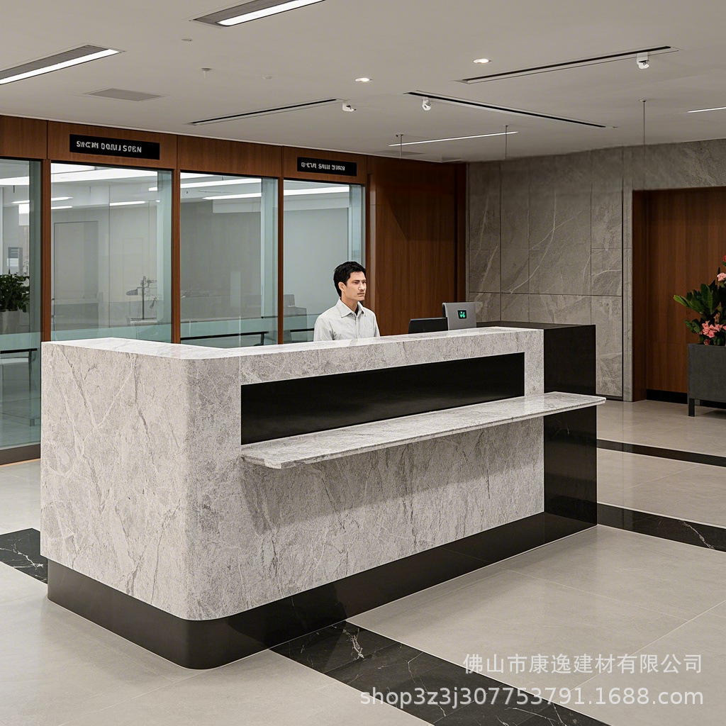 Fabricantes de recepción de piedra artificial acrílica al por mayor procesamiento de comercio exterior recepción en forma especial de la mesa de recepción