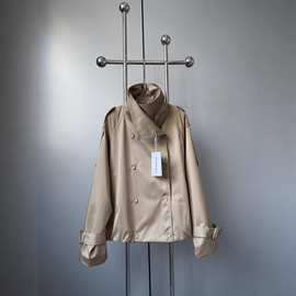 高品质~25早秋新款双排扣下摆褶皱美拉德色系短款风衣夹克大衣女