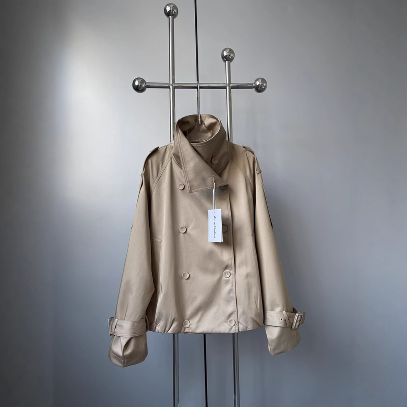 High Quality ~ 25 Early Autumn New Style Double-Breasted Hem Pleated Maillard Color Short Windbreaker Jacket for Women