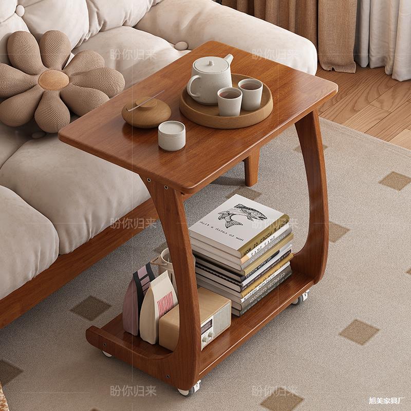 Solid Wood Sofa Side Table with Wheels, Movable Side Cabinet, Bedside Computer Small Table, Small Apartment C-Shaped Square Table Coffee Table