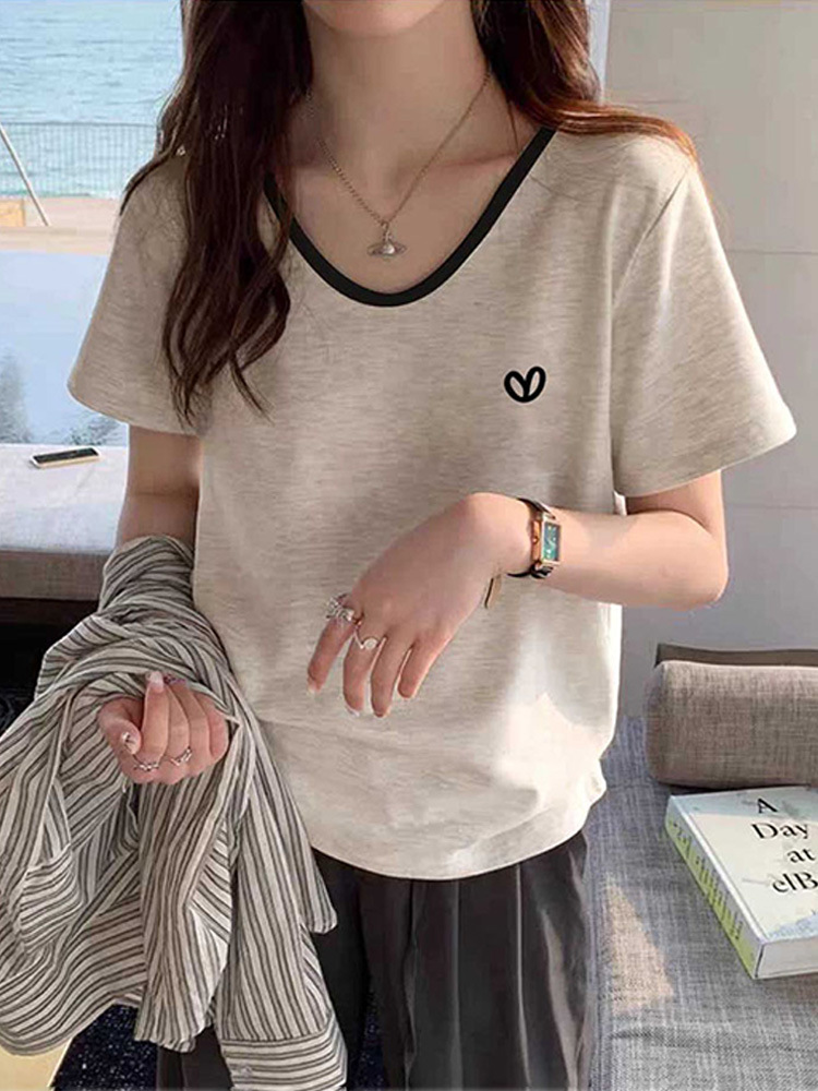 Right Shoulder Pure Cotton V-Neck Color-Blocked Short-Sleeve T-Shirt Women's Fashion Versatile Light Floral Gray Base Shirt Top 2026 Summer