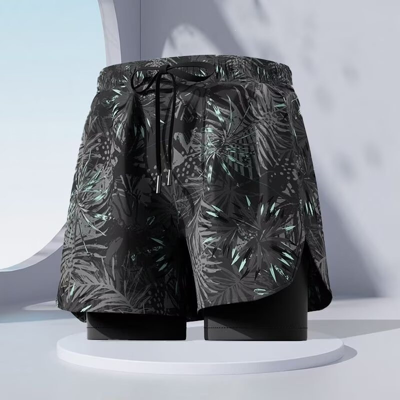 Men's Swimming Trunks, Stylish New Summer Fashion, Large Size, Boxer Style, Two-Piece Design, Anti-Embarrassment, Printed Sports Swim Shorts