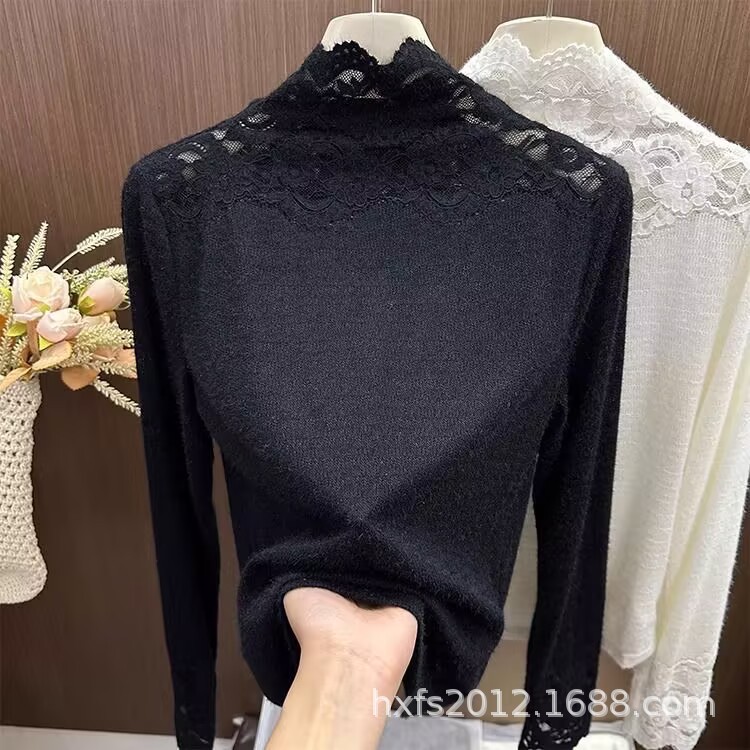 韓国系の高襟レースのフックの花の底のシャツの女性の秋冬の高級感は純色の中で名媛の風のネットの紗の上着のファッションを配合します。