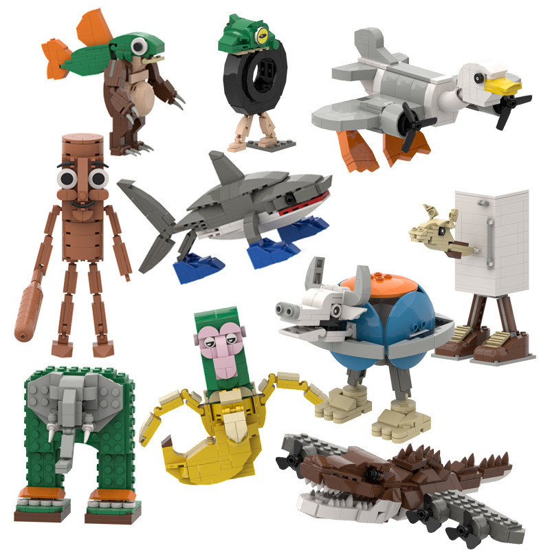 Cross-border AI Mountain and Sea Crossing Stick Man Assembled Building Blocks Hand-held Shoe Shark Doll Model Ornaments