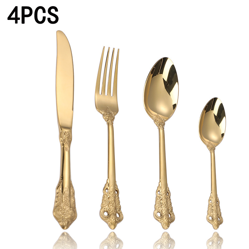 Cuchillo de vajilla occidental y tenedor Cuchillo de carne inoxidable 304, tenedor y cuchara conjunto de cuatro piezas traje cuchillo de carne, tenedor y cuchara