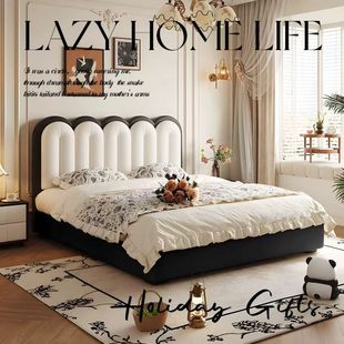 French-Style Cream-Colored Lazy Bed for Girls, Trendy Creative Master Bedroom Storage Double Leather Bed with High Backrest and Soft Upholstery