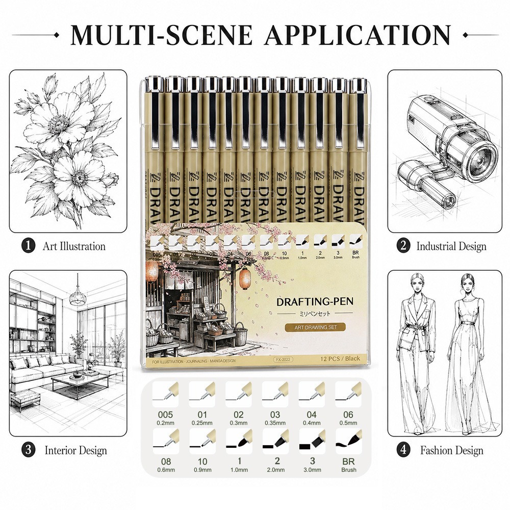 Art Outlining Pen Waterproof Edging Pen Hand-Drawn Comic Design Children's Quick-Dry Drawing Pen Set Black Needle Tip Pen