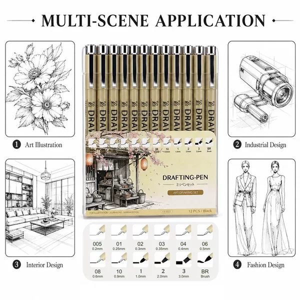 Art Outlining Pen Waterproof Edging Pen Hand-Drawn Comic Design Children's Quick-Dry Drawing Pen Set Black Needle Tip Pen