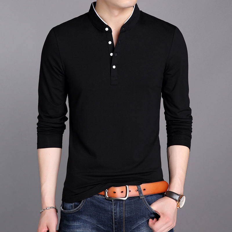 Cross-border Foreign Trade Middle-aged Men's Long-sleeved T-shirt Collar Base Shirt Spring and Autumn Solid Color Cotton Korean Slim-fit T-shirt