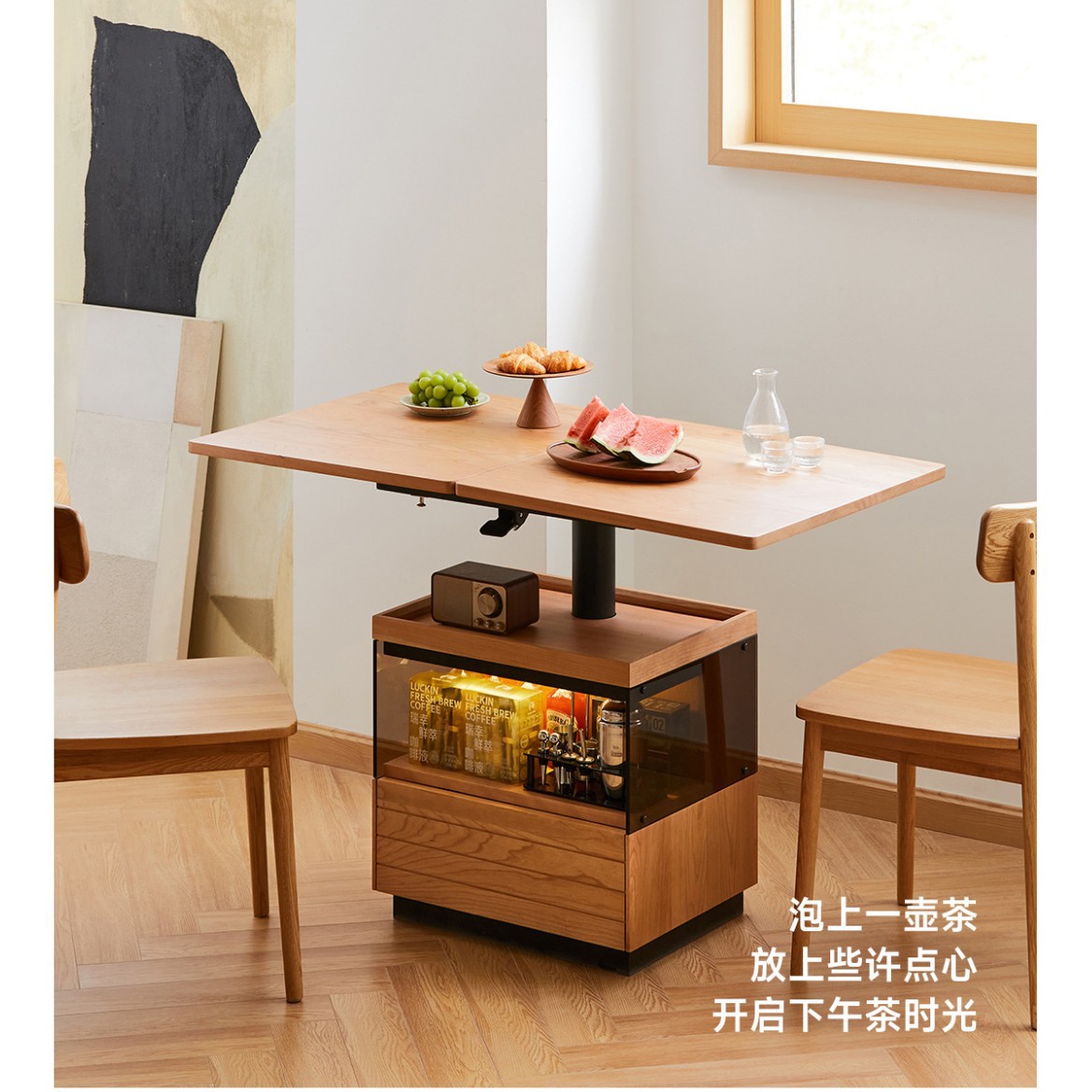 Mesa de centro elevadora de madera maciza, mesa de comedor, color de madera de cerezo, sala de estar de apartamento pequeño, mesa lateral móvil retráctil plegable, mesa de té