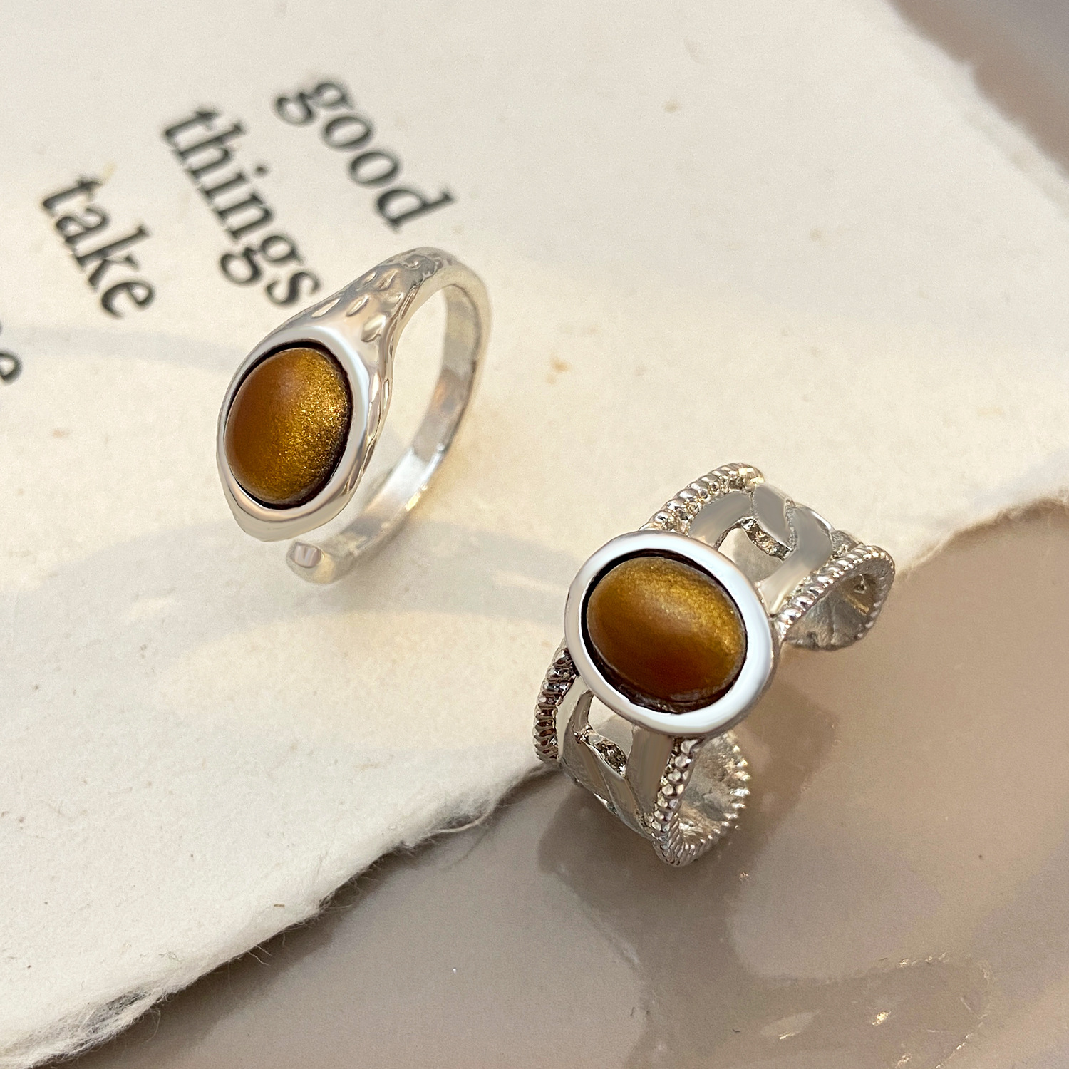 Melard Tigerauge-Ring für Damen, offener Ring, Niche Design Sense, massiver, ovaler Ring für den Zeigefinger_voghion.com