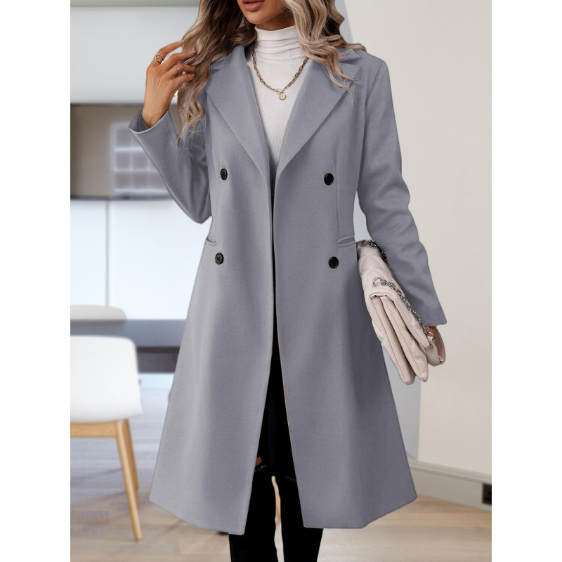 2026 Cross-Border New European and American Women's Long Double-Breasted Coat with Turn-Down Collar Pea Coat