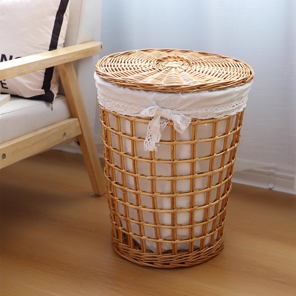 Cesta de almacenamiento de sauce personalizada con cubierta vacía con cesto de ropa sucia para tiendas de hotpot de caña pastoral