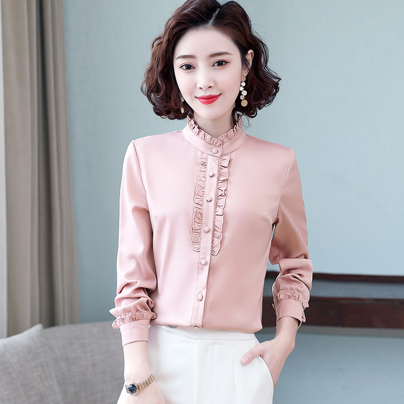 White Shirt Women's Spring and Autumn New Korean Style Fashionable Satin Chiffon Top Stylish Collar Fungus Lace Long Sleeve Shirt