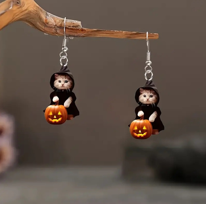 Halloween Black Skull Bat Earrings Acrylic Women's Pendant Fun Cute Cat Ghost Custom Design