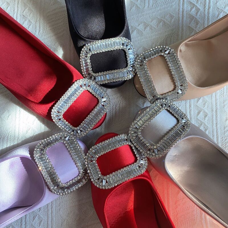 New Product 2026 New Style Square Toe Square Buckle Rhinestone High Heels Stiletto Banquet Shoes 6cm Satin Elegant Shoes