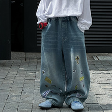 棉小铺牛仔裤儿童秋季韩版2025新款印花童装潮牌阔腿怀旧裤子宽松