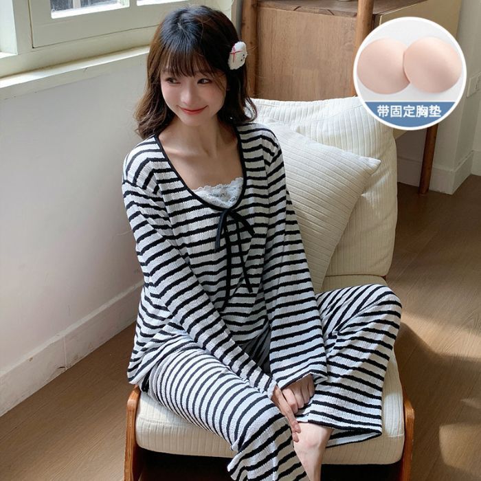 睡衣女款2025新款春秋季带胸垫长袖甜美蓝色条纹可外穿家居服套装|undefined