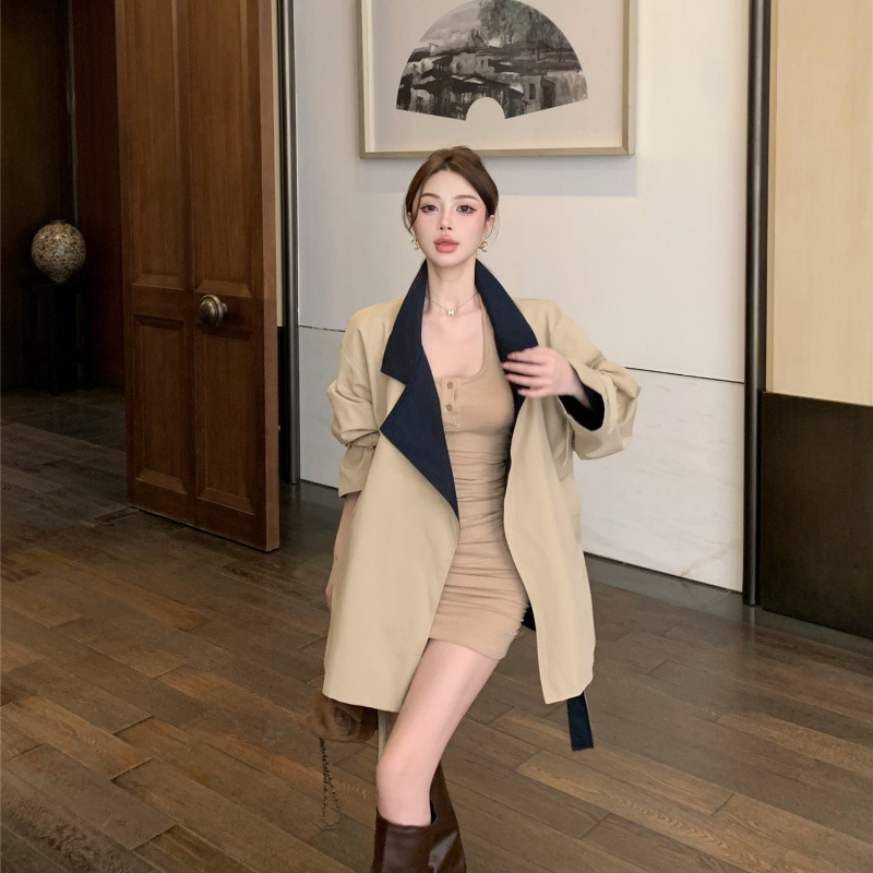 韩系气质设计感短款质撞色收腰翻领系带大衣风衣外套女|undefined