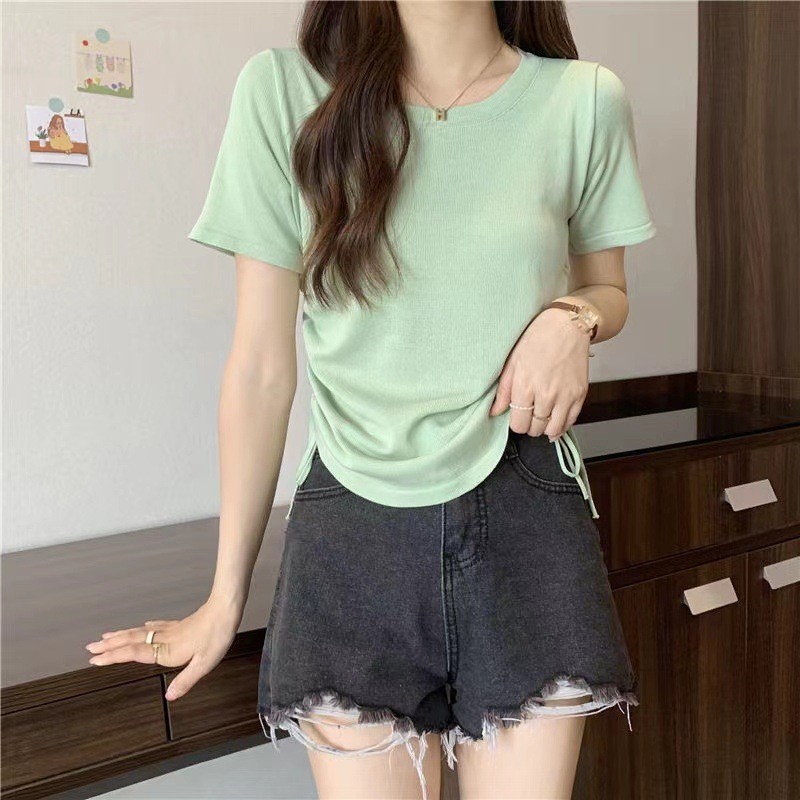 Camiseta de Manga Corta con Cuello Redondo y Cordón, Estilo Coreano Adelgazante para Mujer - Top Sencillo de Verano 2025