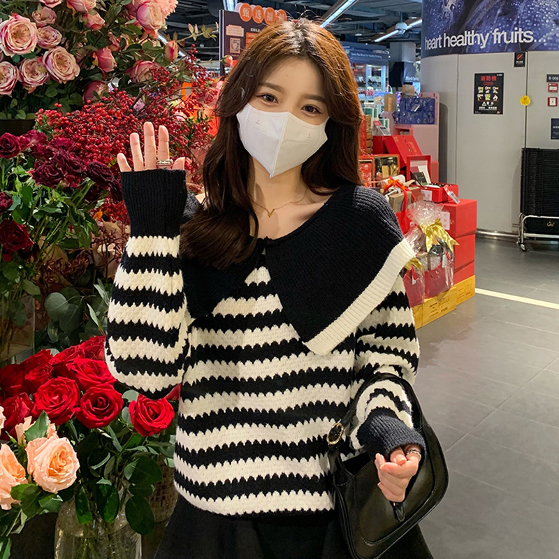 法式复古甜美娃娃领毛衣女秋冬慵懒风宽松小众设计感套头针织上衣