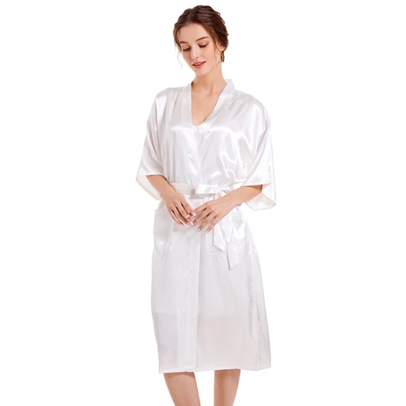 Women's spring and autumn mid-length satin solid color cardigan robe, V-neck imitation silk, can be worn outside, thin style