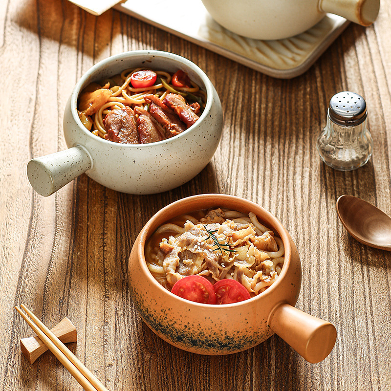 Japanese Style Vintage Kiln Change Ceramic Handle Soup Bowl Dish Tableware Practical Italian Noodle Bowl Soup Bowl Small Dishes Round Dishes