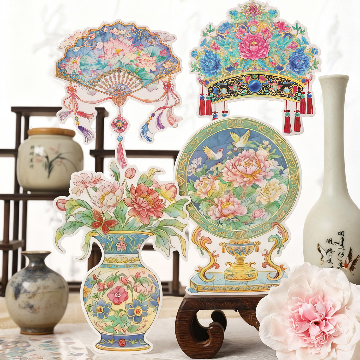 ZABC cross-border antique poem series foreign trade collage stickers new Chinese porcelain landscaping material collage 4 styles