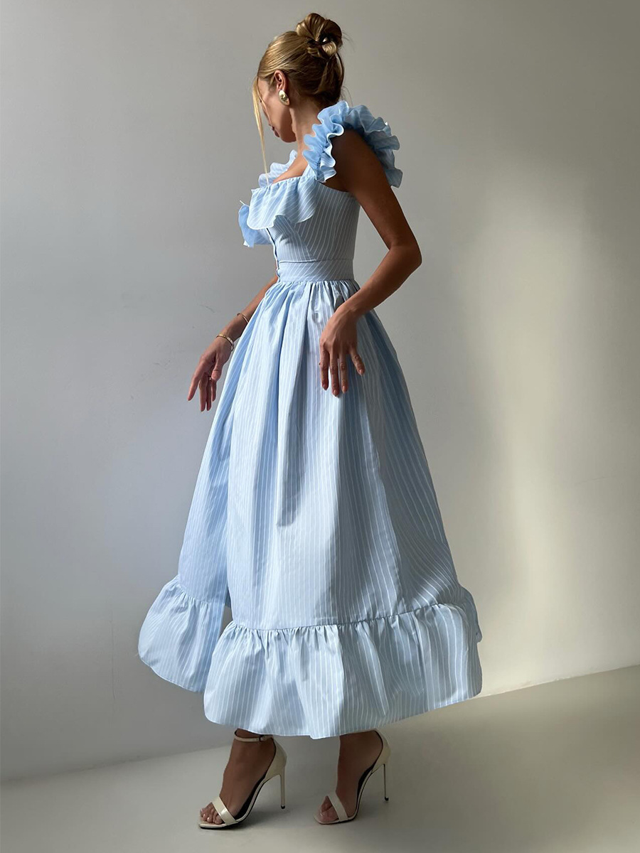 Women's Clothing Striped Dress Button Down Cardigan Waist Cinching Long Dress Summer New Style Flutter Sleeve_ecoleips.com