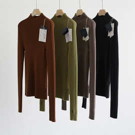 秋冬精纺全羊毛指套半高领纯色德国进口机无缝一体套头针织打底衫