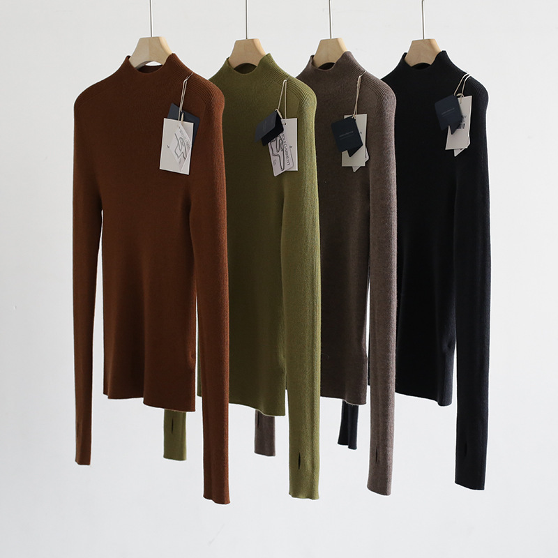 Autumn and Winter worsted all-wool finger sleeve half turtleneck solid color German imported machine seamless integrated pullover knitted bottoming shirt