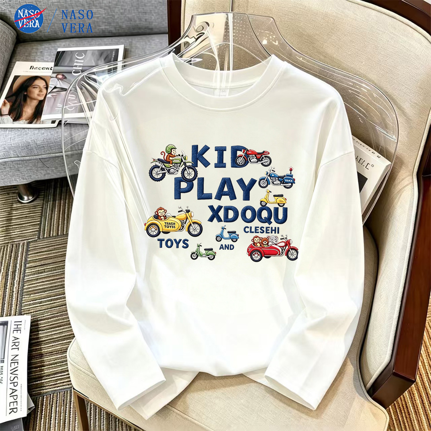 New Spring/Autumn Cartoon Style Motorcycle Print Children's Round Neck Combed Cotton Long Sleeve T-Shirt Pullover Base Layer