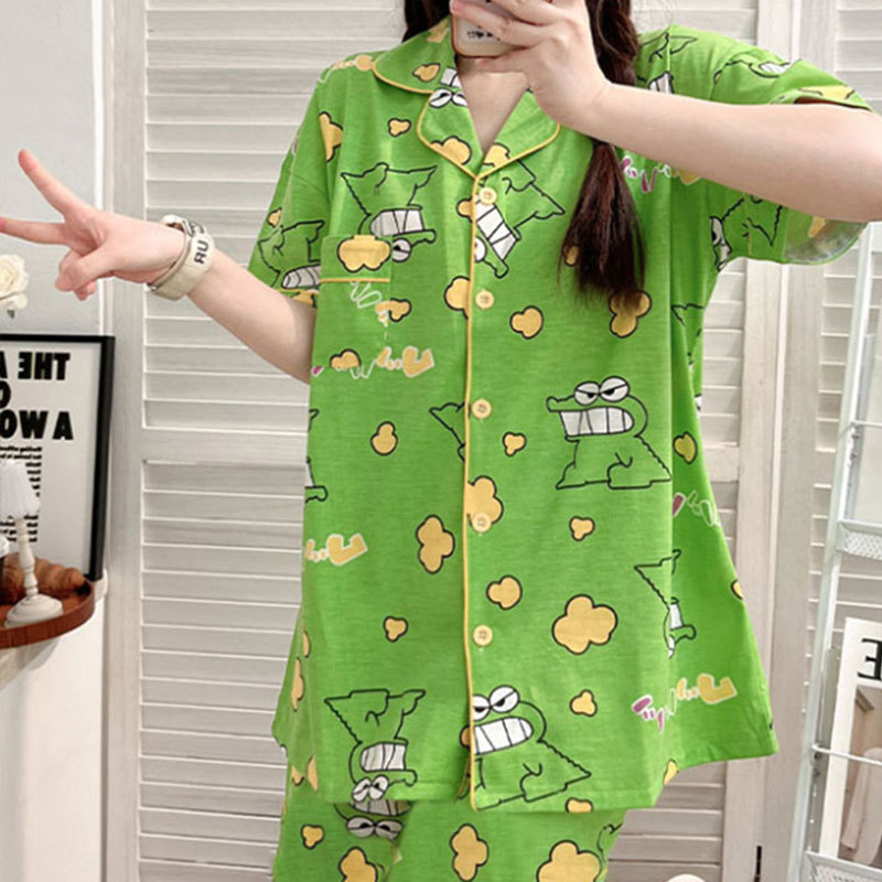 Tiktok Dropshipping Crayon Shin-Chan Style Cartoon Crocodile Pajamas for Women Summer Cardigan Short-Sleeve Long Pants Loungewear Set