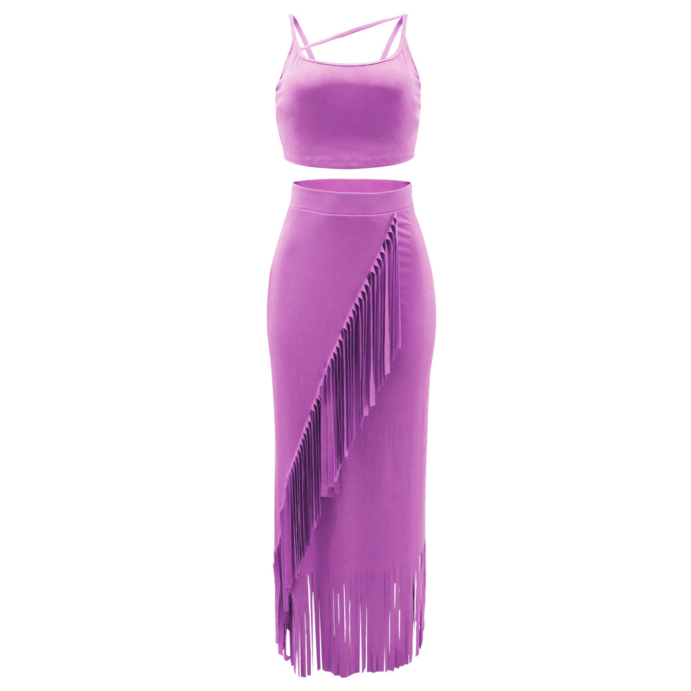 Sleeveless Cropped Short Vest Small Pit High Waist Tassel Dress Two Piece Set