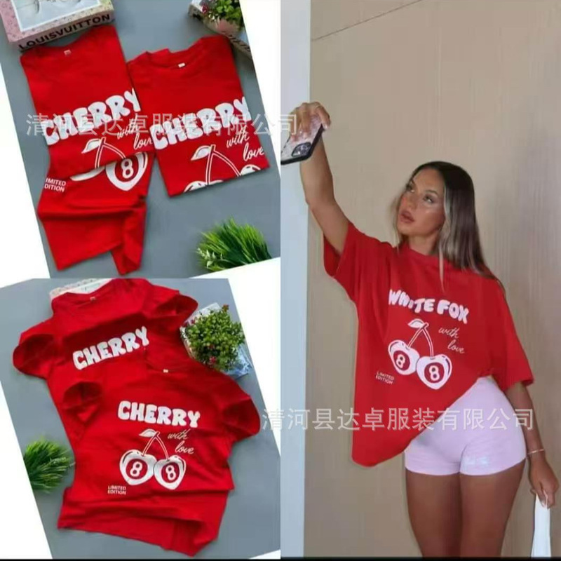 300g pure cotton trendy brand short-sleeve women's summer new cherry print loose round-neck T-shirt, cross-border hot-selling fashion versatile item 300g pure cotton trendy brand short-sleeve women's summer new cherry print loose round-neck T-shirt, cross-border hot-selling fashion versatile item