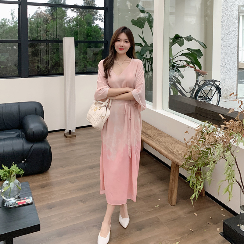 Rouge Snow Silk V Neck Smudged Short Sleeve Dress Women's Summer Slit Loose Long Skirt