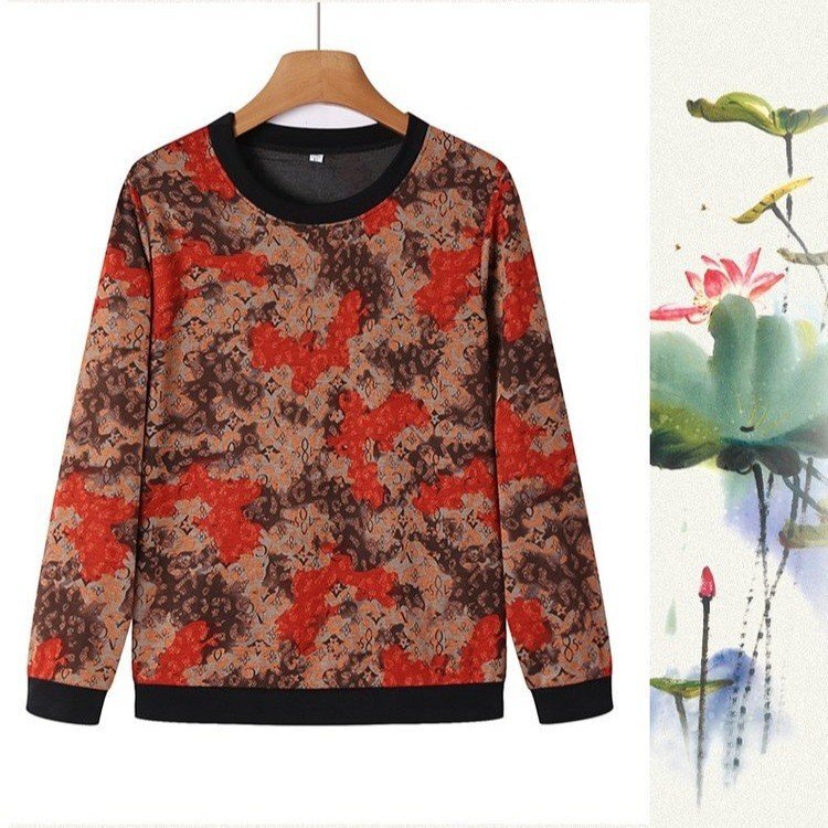 Spring New Fashion Round Neck Printed Flesh Covering Loose All-match Slimming Mother's Elegant Top Base Design Sense Spring New Fashion Round Neck Printed Flesh Covering Loose All-match Slimming Mother's Elegant Top Base Design Sense