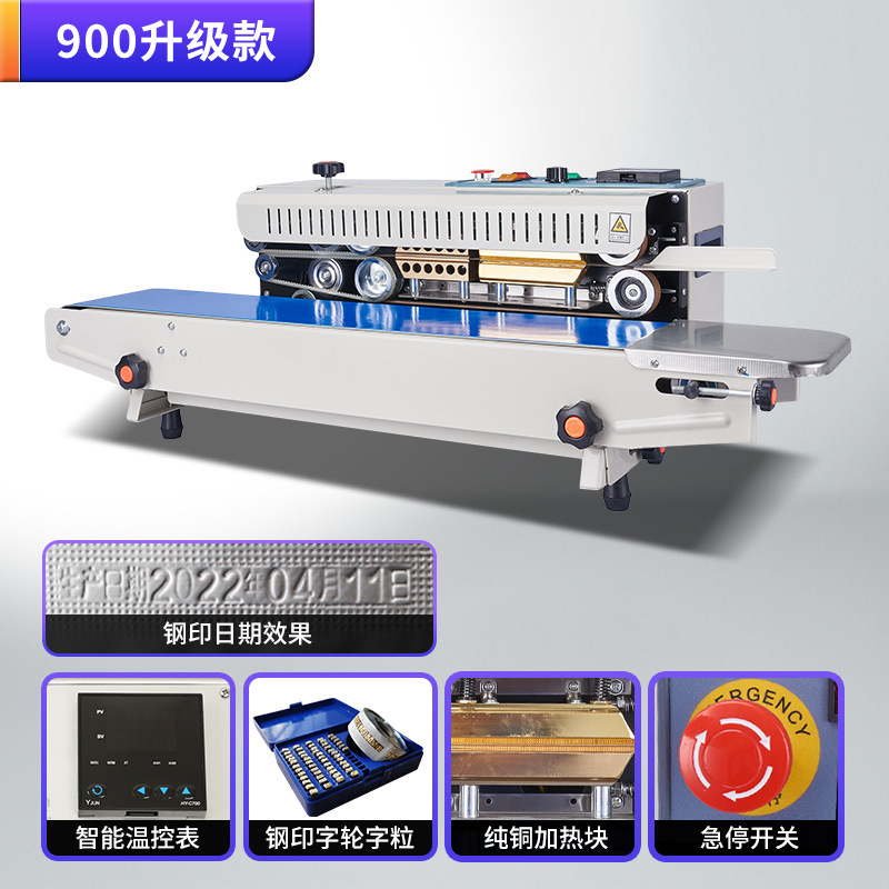 Máquina de sellado continuo automático para bolsas de aluminio comerciales de té, bolsas de papel y plástico, máquina de sellado térmico, fecha de impresión de acero, fecha de impresión de tinta