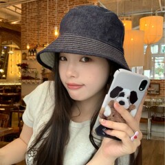 日系复古双面可戴牛仔渔夫帽女夏季显脸小百搭水桶帽遮阳防晒盆帽