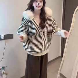 【绵羊绒】黑白条纹大毛领针织毛衣拉链外套女款韩系高级宽松慵懒