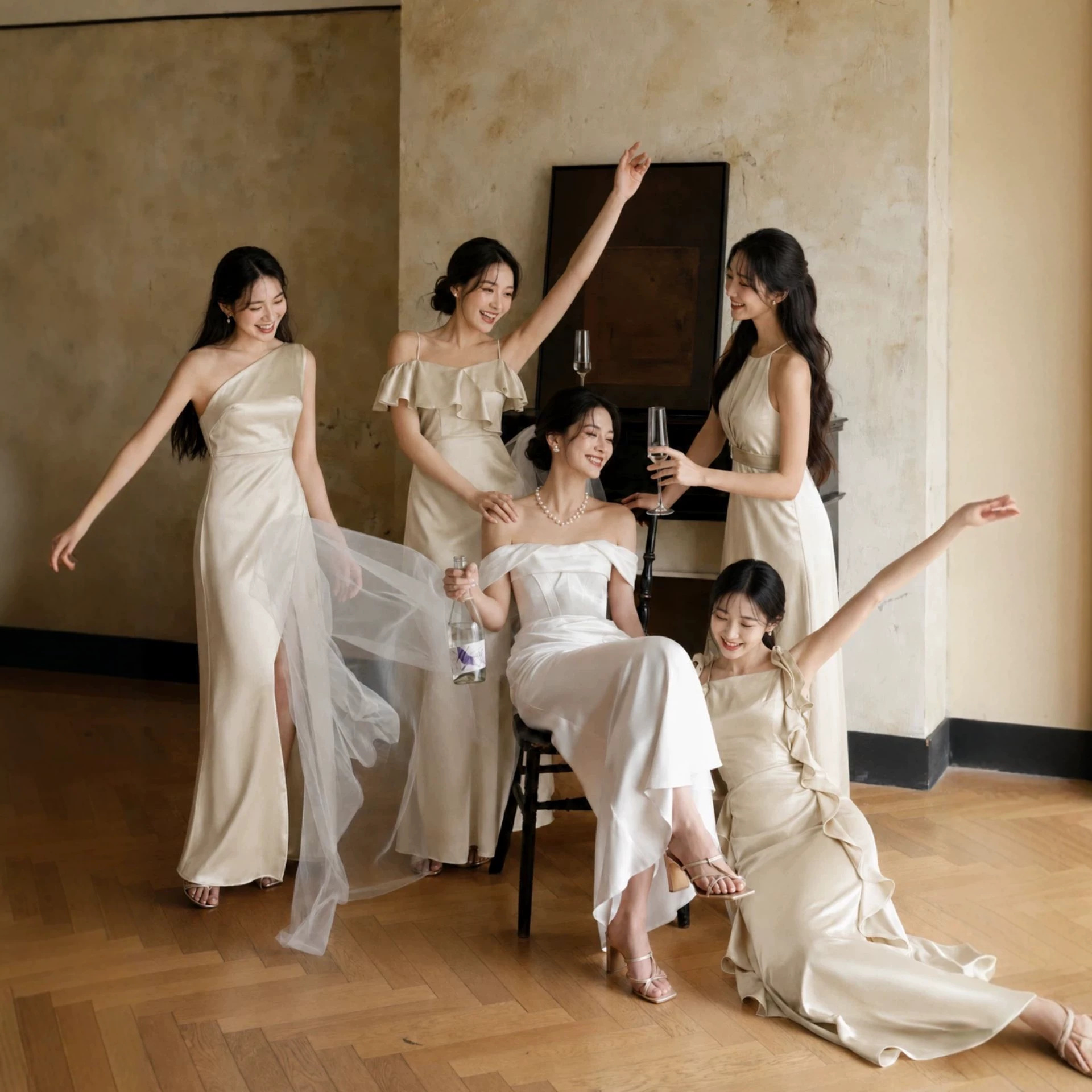 Champagne-colored satin bridesmaid dress, high-end 2026 new niche sister group gown, slimming one-shoulder long dress for women