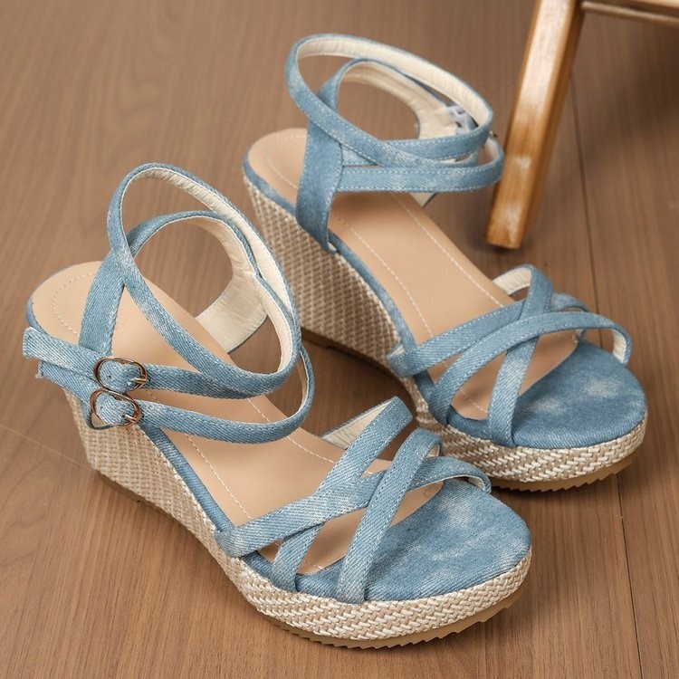 Fashionable straw denim sandals wedge heel for leisure platform…
