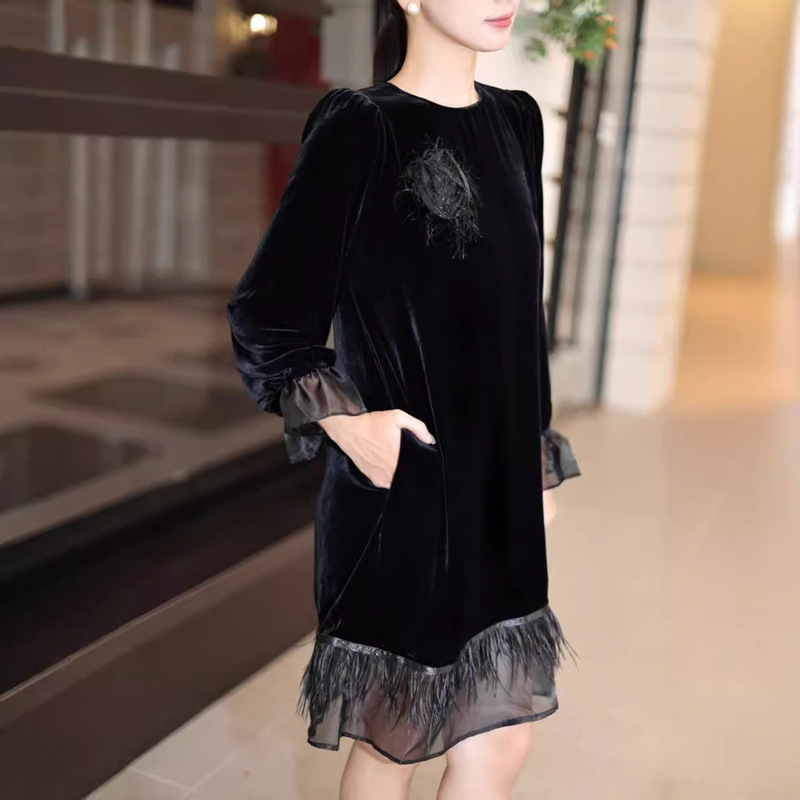 Fairy Nanyou Silk Velvet Bottom Stitching Silk Ostrich Feather Lined Base Skirt Long Sleeve Stitching dress